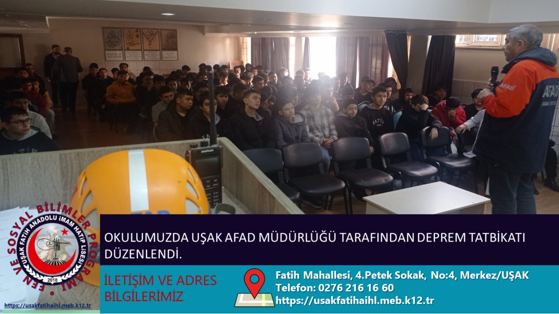 T.C.UŞAK VALİLİĞİ İL AFET VE ACİL DURUM MÜDÜRLÜĞÜ TARAFINDAN OKULUMUZDA DEPREM TATBİKATI YAPILDI.